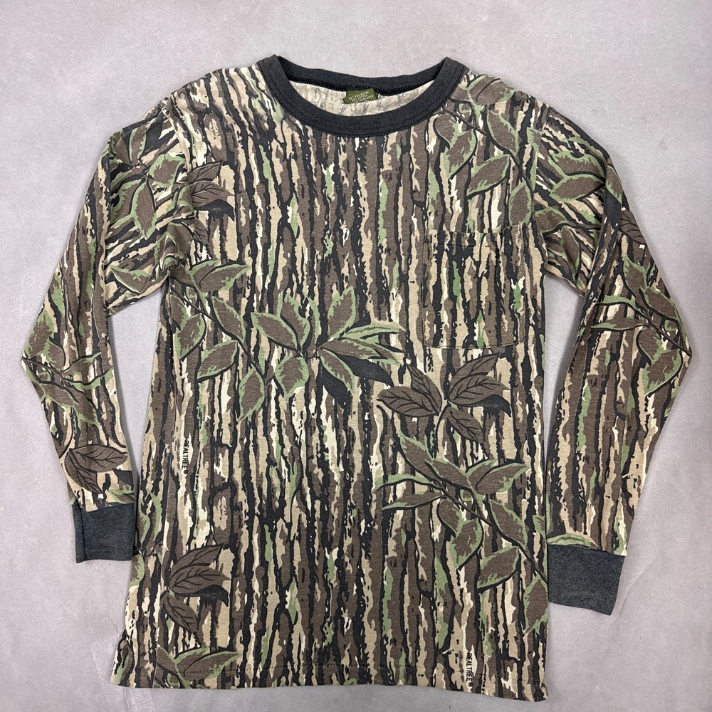 Vintage Spartan Shirt Mens Medium Green Realtree Made USA 90s Ringer Hunt Faded
