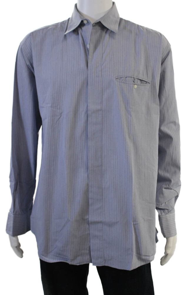 Donna Karan New York Mens Point Collar Striped Cotton Dress Shirt Size L