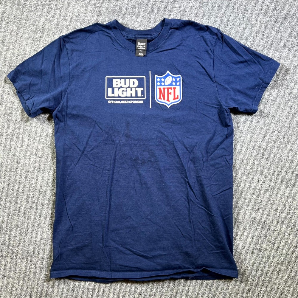 Hanes Perfect T-Shirt Mens L Blue Bud Light Official Beer Sponsor NFL Graphic