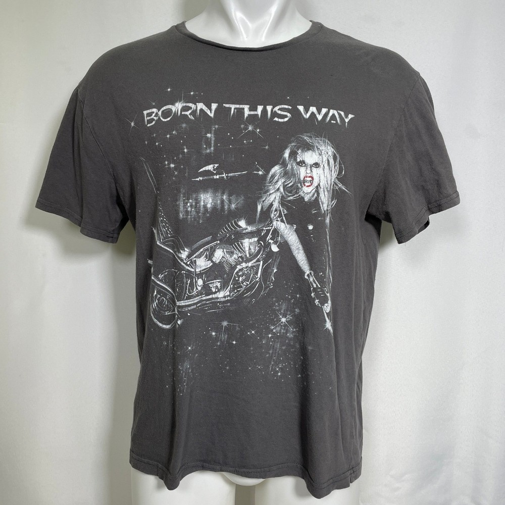 Lady Gaga Born This Way Motorcycle Design Charcoal Gray T-Shirt Men’s LARGE