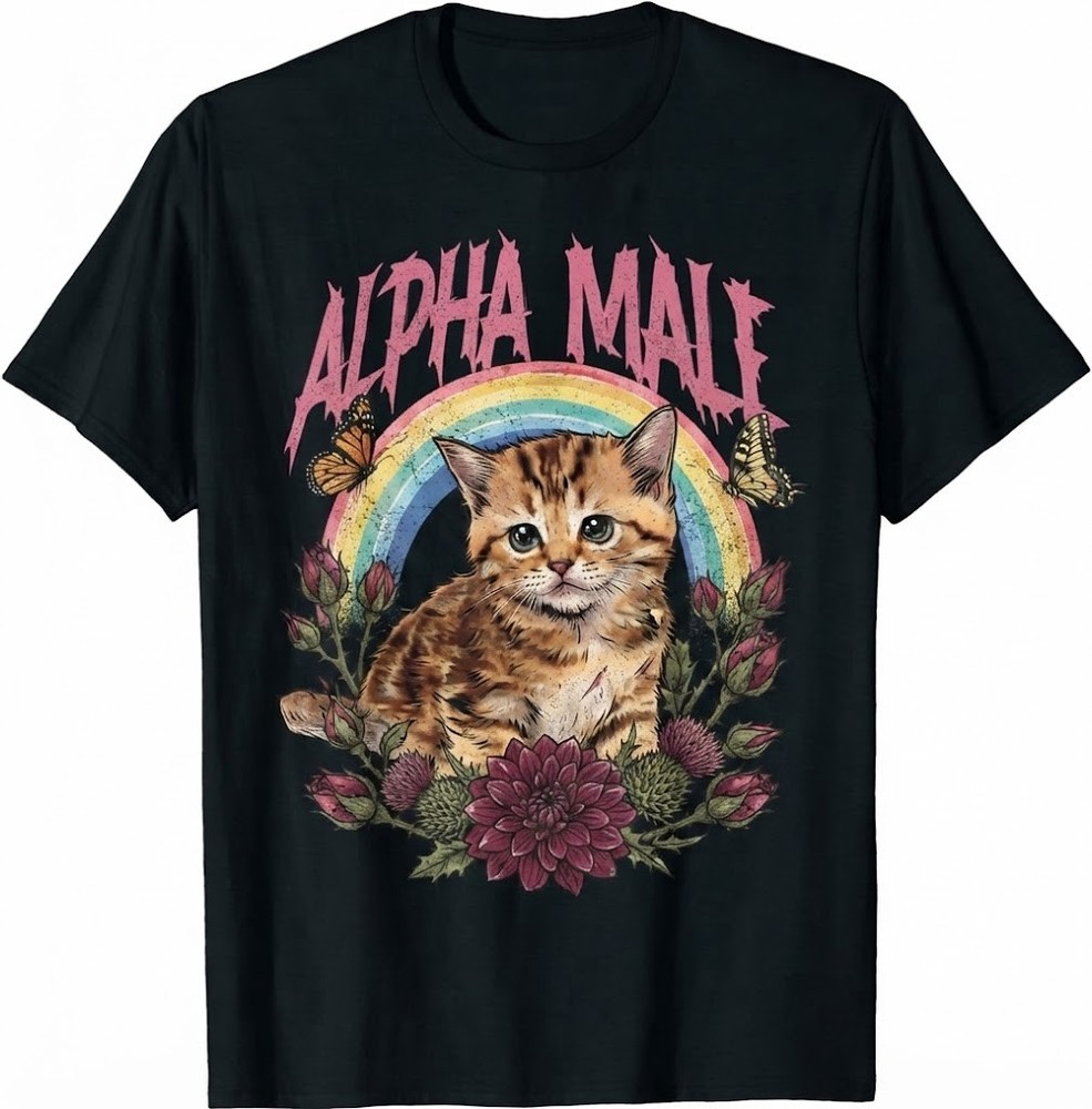 Cute Cat Alpha Male Graphic T-Shirt Funny Kitten Rainbow Floral Retro Tee