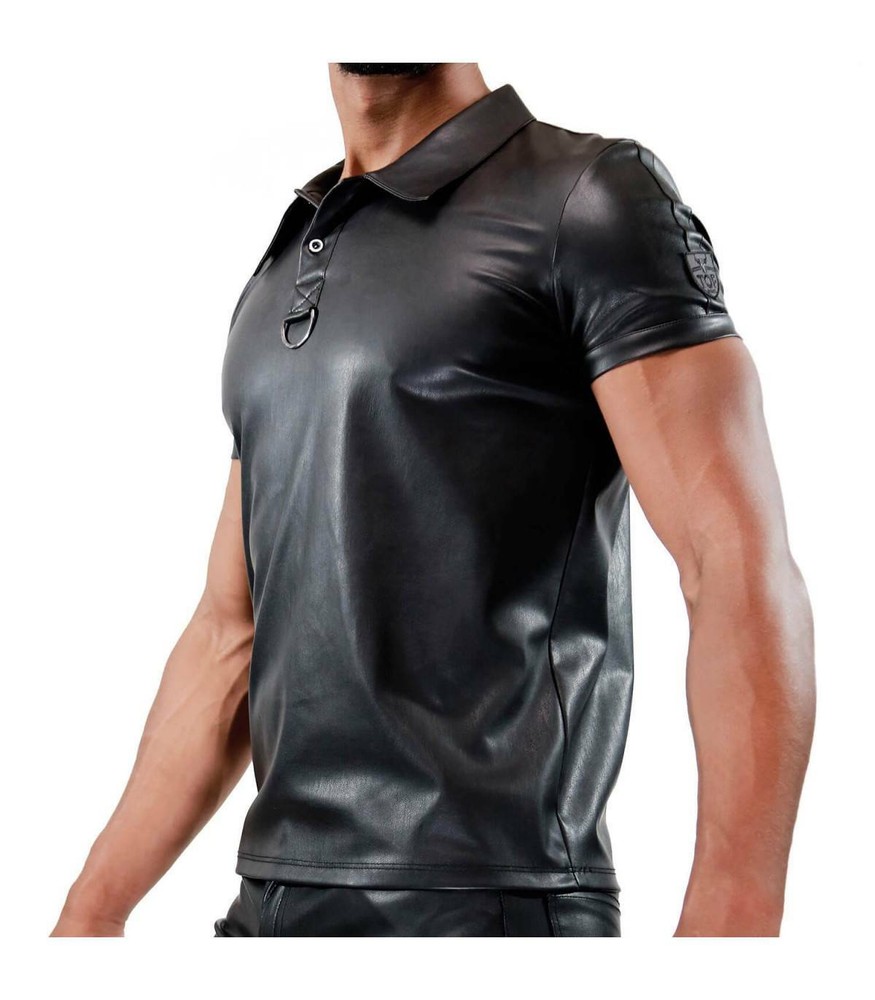 TOF PARIS Chic Polo Shirt Leather-Look Slightly Adjusted Cut Black 22