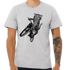 Cat Riding a Bicycle men’s Tshirt- Kitten Wheelie Tee shirt- Eco Friendly