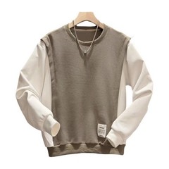 Men Spliced Contrast Color Fake Two Piece Round Neck Sweatshirt for Daily