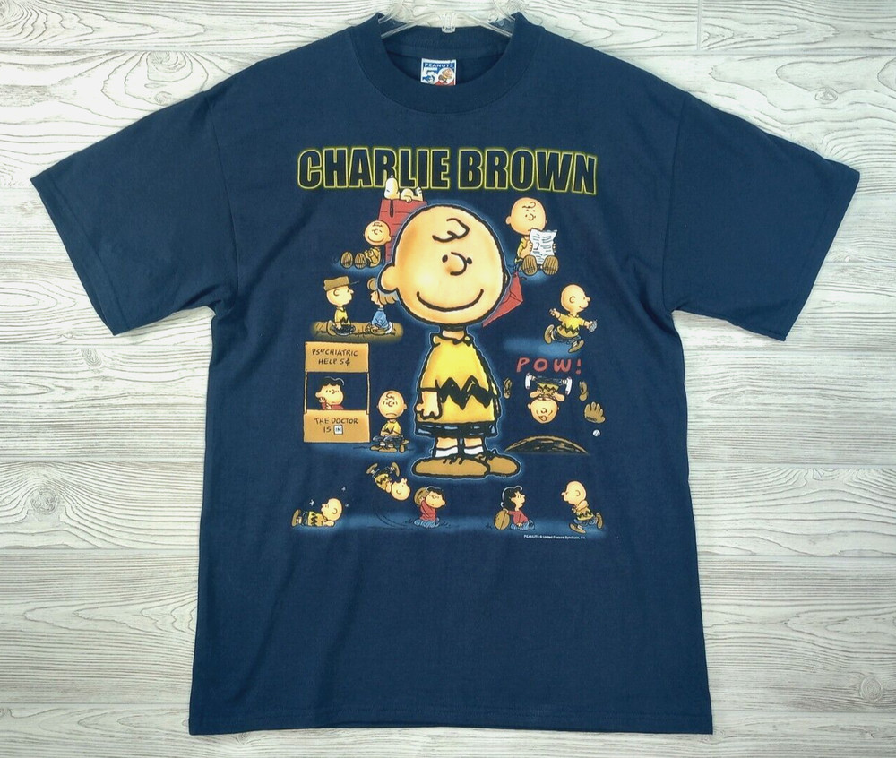 Vintage Peanuts Charlie Brown Shirt Large Navy 50th Celebration Collage Y2K
