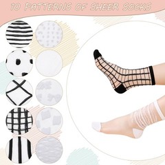 10 Pairs Sheer Socks Striped Plaid Mesh Dot Bow See Through Transparent