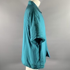JIL SANDER Size XL Teal Polyamide Silk Camp Short Sleeve Shirt