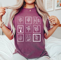 Comfort Tee Whimsical Flower Postage Stamp Shirt Vintage Style