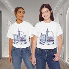 London Landmarks Big Ben Tower Bridge Red Bus Graphic T-Shirt