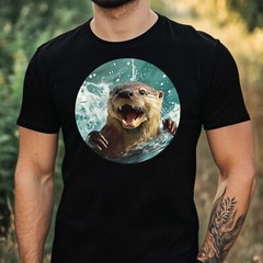 Mens Playful Otter Motif Cotton T-Shirt Size XS to 5XL