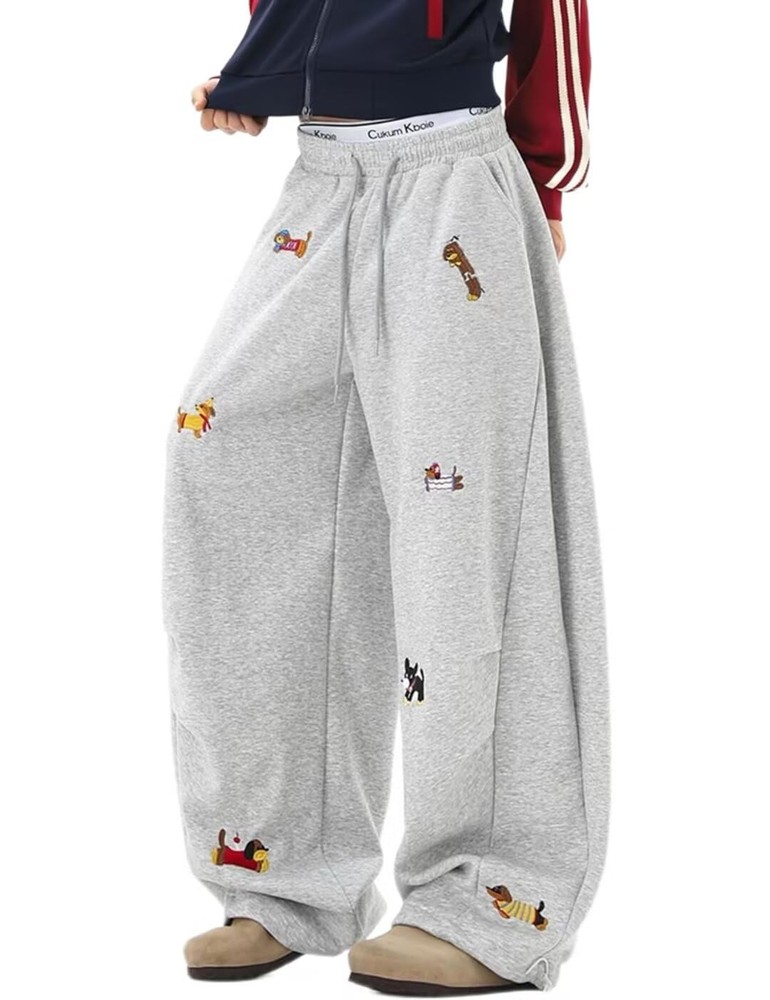 ‘s Baggy Sweatpants Fashion Animal Embroidered Dachshund Elastic Drawstring P…