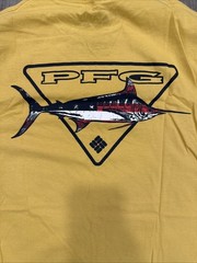 Columbia PFG T-Shirt Mens Small Yellow Swordfish Art Fishing Gear Angler Outdoor