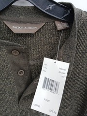New Taylor & Henry Henley Long Sleeve Shirt Size L Cotton Blend Brown