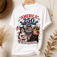 America 250 Birthday Shirt Patriotic Cat USA Flag 4th July Tee Gift
