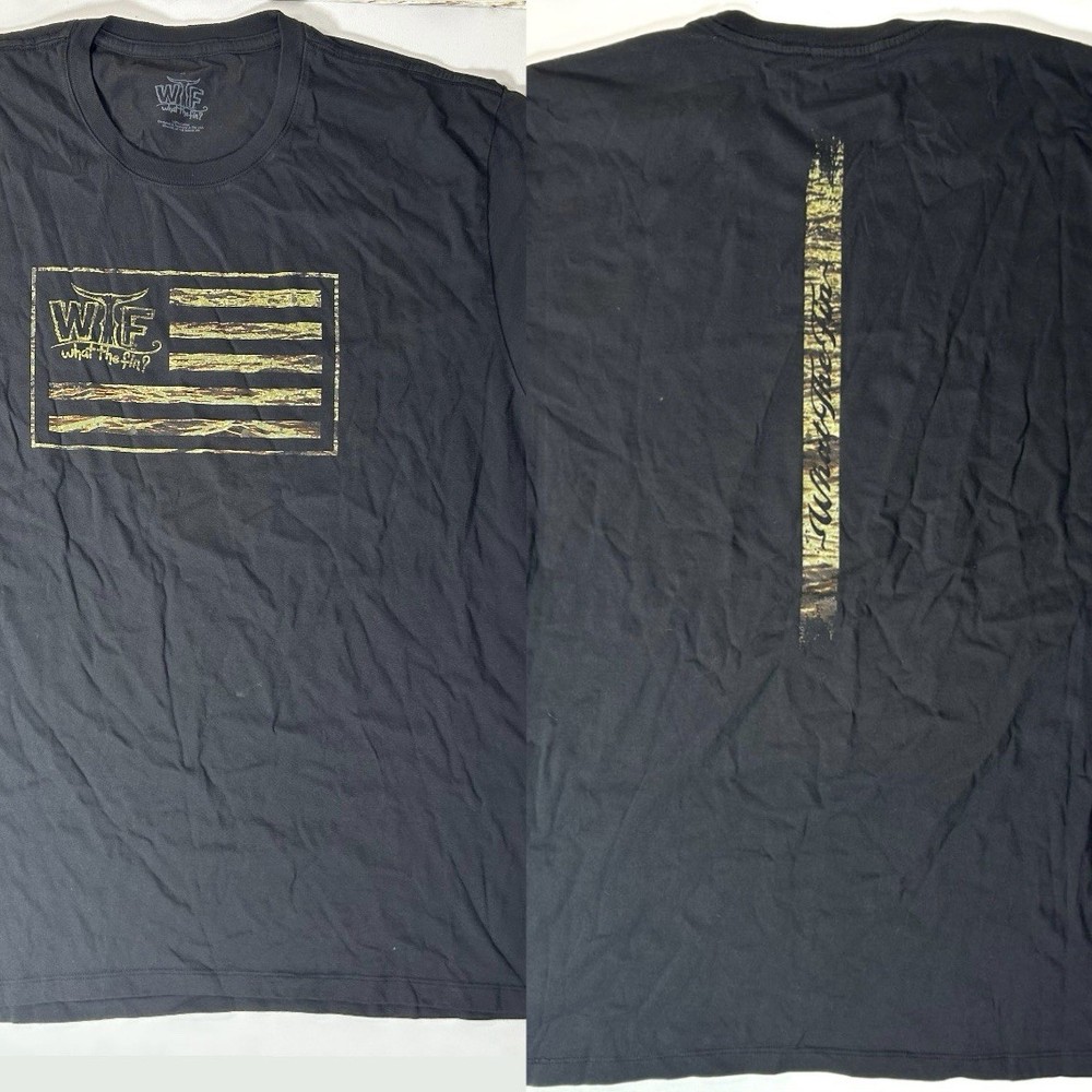 NWT What The Fin Shirt Mens XL Black Camo American Flag Patriotic Fishing Tee