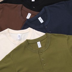 Cotton Henry Collar Short Sleeve T-Shirt Summer Men American Retro Fitness