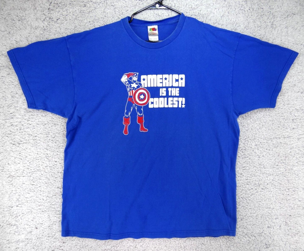 VTG Captain America “America Is The Coolest!” Blue T Shirt Men’s Size 2XL RARE