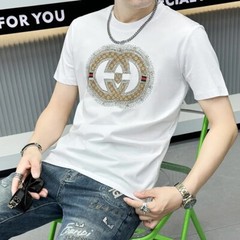 New Men Luxury Diamond Rhinestones Black White T-Shirt High Quality