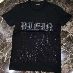 New Fashion Trend Rhinestone Summer Short Sleeve Luxury Men Cotton Black T-Shirt