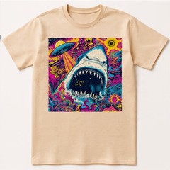 Trippy Space Shark T-Shirt Alien UFO Abduction Galaxy Mouth Colorful Art Tee