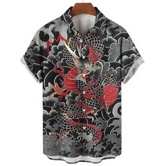 Mens Button Down Japanese Tiger Skull Print Hawaiian Top Novelty Summer Shirt