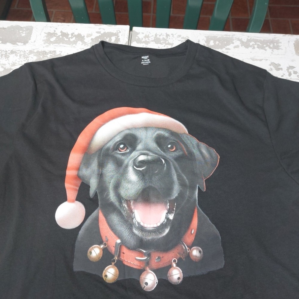 Holiday Time Men’s Santa Black Lab T-Shirt Sz XL Tee