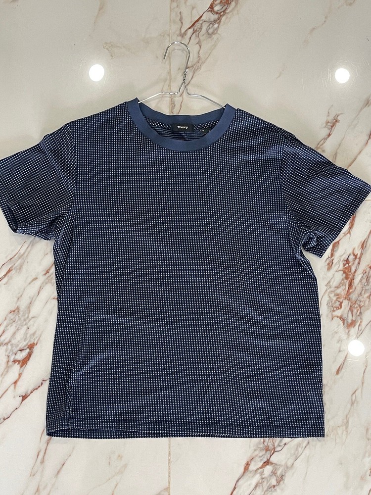 Theory Shirt Men’s Medium Textured Blue Microcheck Cotton Short Sleeve Slim Fit