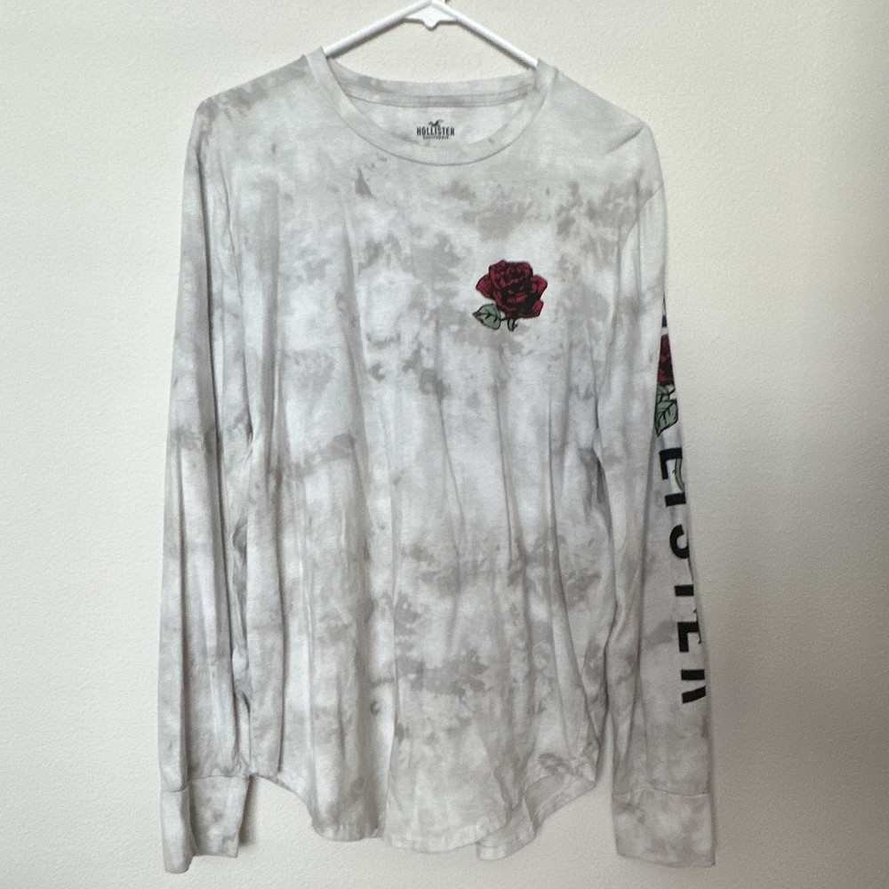 Hollister Men’s Crew Neck Long Sleeve Tie-Dye Rose Graphic T-Shirt L Gray/White
