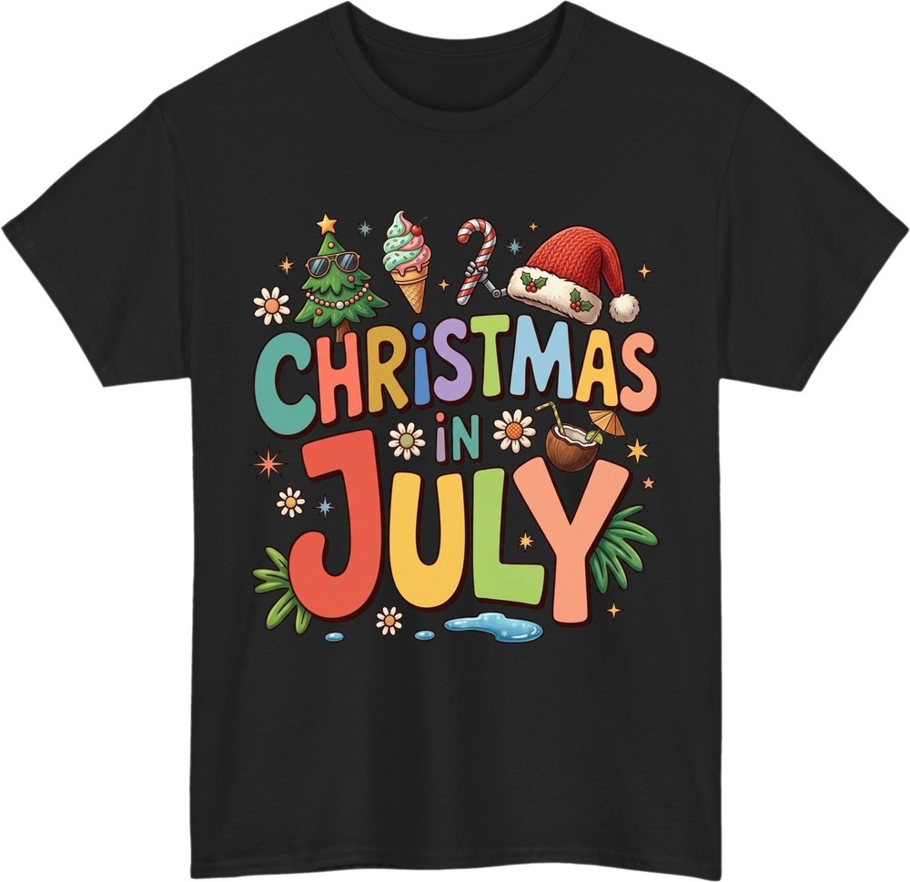 Christmas In July Meme T-Shirt – Funny Summer Xmas Tropical Holiday Party Gift
