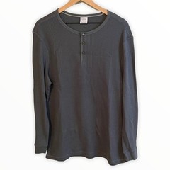 Level Ten Mens XL Henley Shirt Charcoal Grey Waffle Knit Long Sleeve Ribbed Top