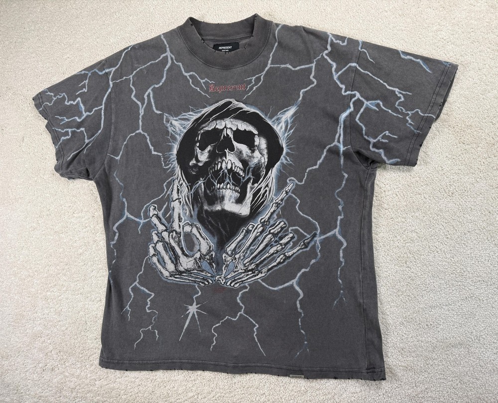 Represent Shirt Mens Medium Louder Than Hell Gray Grim Reaper Lightning Skull