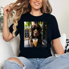 Chocolate Lab Coffee Funny Dog Cafe Lover Art T-Shirt