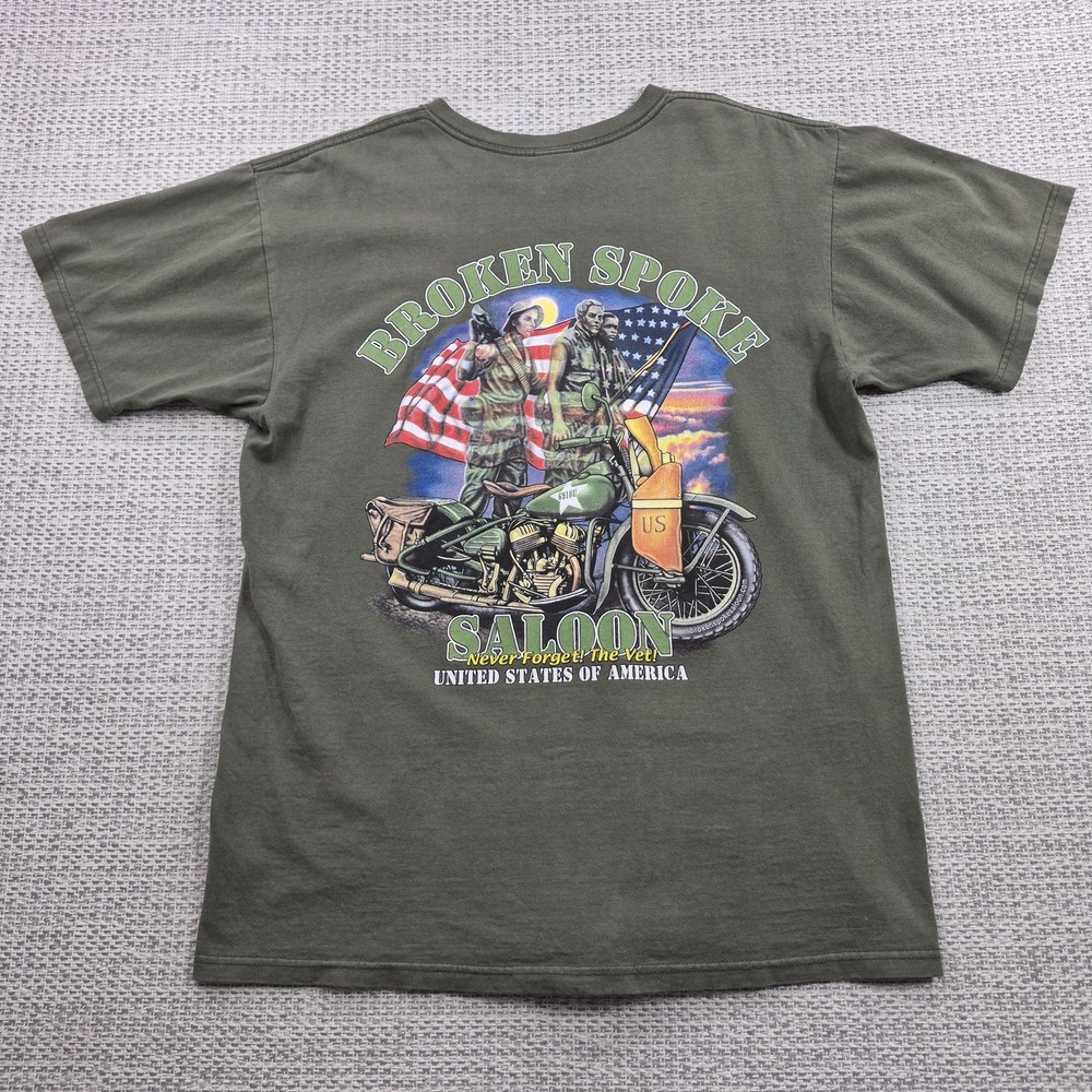 Anvil Shirt Mens Large Green Broken Spoke Saloon Vet Motorcycle Graphic Tee