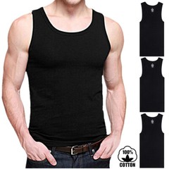 3 Packs Mens 100% Cotton Tank Top A-Shirt Wife Beater Undershirt Ribbed Black