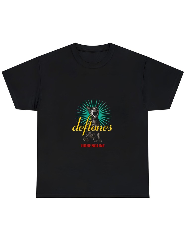 Men’s Black Deftones Adrenaline Graphic T-Shirt with Cat Print Retro Cotton Tee