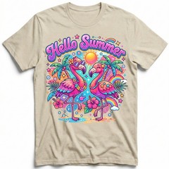 Hello Summer Tropical Flamingo T-Shirt Retro Neon Beach Vacation Holiday Tee