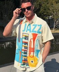 Jazz Music Hawaiian Shirt for Men, Short Sleeve Button Down with Musical Inst…
