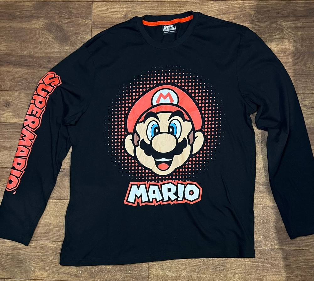 Super Mario Long Sleeve T-Shirt Nintendo Graphic Tee Black Size L Men