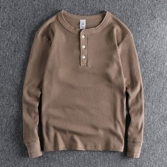 Retro Thread Cuff Knitted Waffle T-Shirt Men’s Long Sleeve Henry Collar Shirt