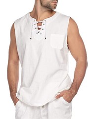Mens Loose Tank Tops Cotton Linen Sleeveless Lace-up T-shirt Daily Wear Vacation