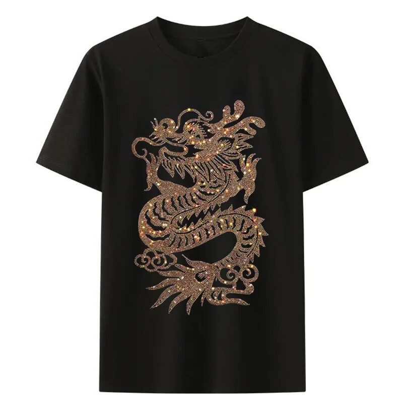 Fashion Dragon Rhinestones Summer Short Sleeve Luxury Men Trend Black T-Shirt