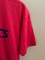 EXCELLENT Mens Asics Activewear T-Shirt Red Size L Dark Blue Logo 50/50 Blend