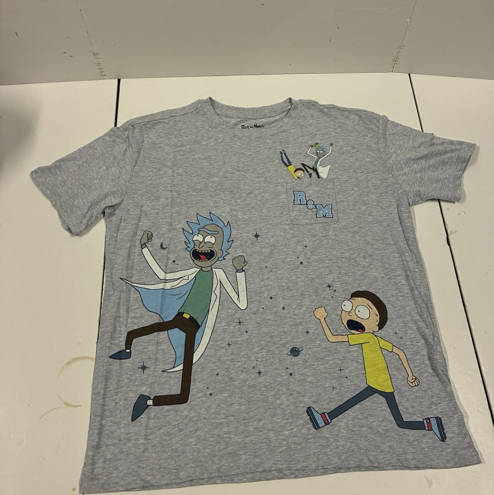 Rick & Morty T-shirt Short Sleeve Adult Swim Top Pocket, Size XXL All Over Print