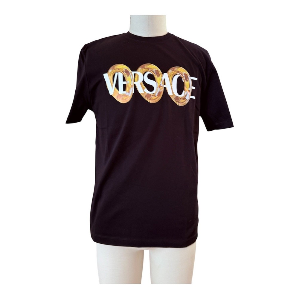 Versace 1013302 Maxi Chain Black Cotton Men’s logo-print T-shirt, Size Small
