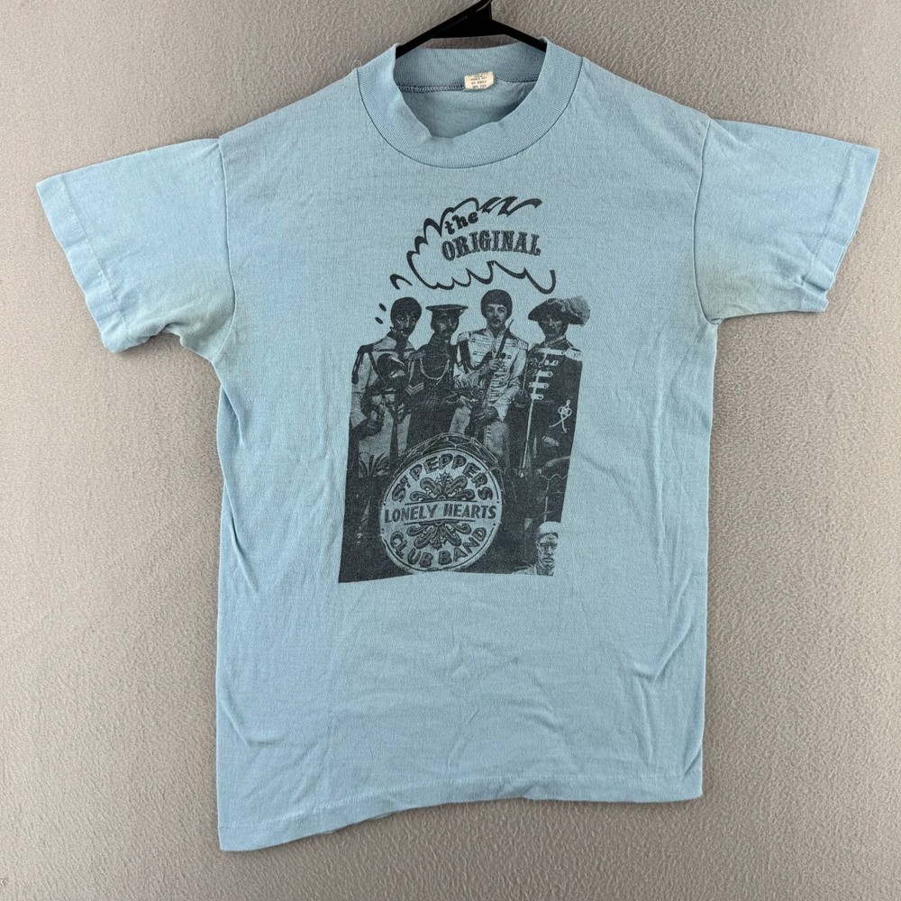 Vintage 70s Beatles T Shirt Mens Medium (Fits Small) Blue Paper Thin Band Tee
