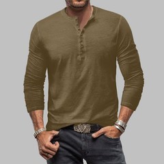 Mens Henley Grandad Casual Shirts Long Sleeve Muscle Slim Fit Button T Shirt Top