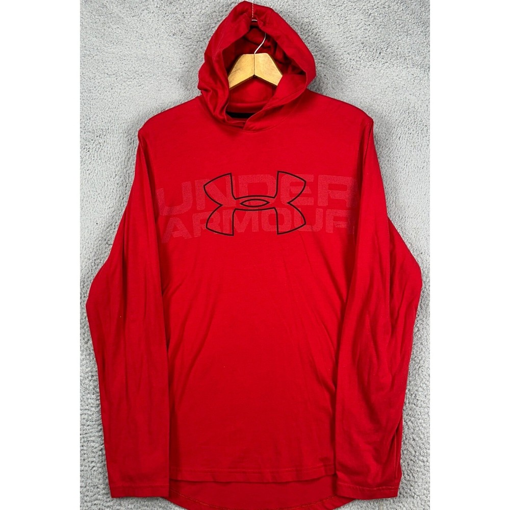 Under Armour Men Hoodie Tee T-Shirt Medium Red Graphic Print Stretch Long Sleeve
