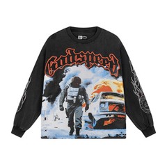 Men’s Godspeed Street Retro Fashion Printed T-shirt with Washed Long Sleeves