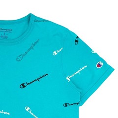 Champion Shirt Mens Medium Blue All Over Print Logo Graphic Tee T-Shirt Cotton