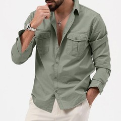 Men’s Cargo Shirt Casual Slim Shirts Long Sleeve Button Down Tops Blouse